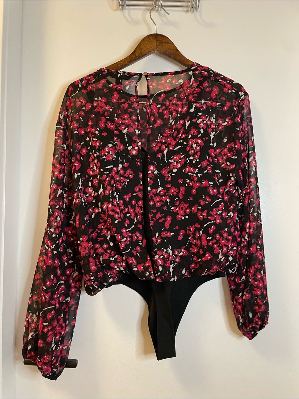 Banana Republic Black Sheer Bodysuit with Pink Floral Print size M